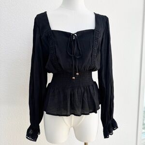 Goth LIFE Black Boho Peasant Blouse Top M Macrame Ruffled